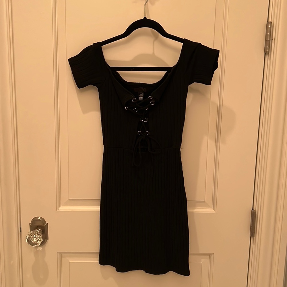 H:ours XS Lace Front Knit Black Mini Dress